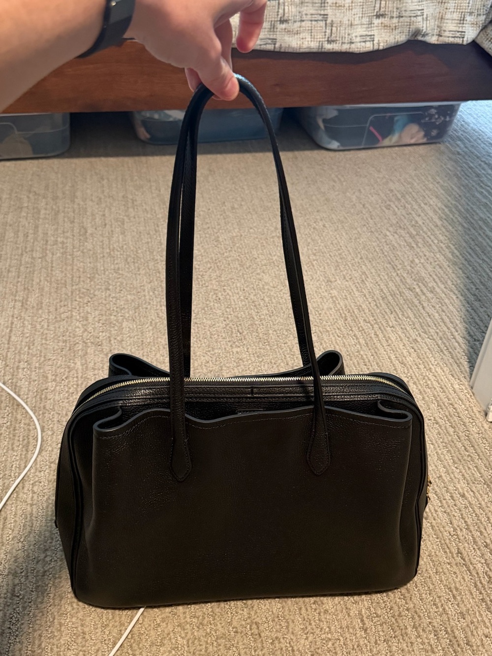 Quince Black Italian Leather Triple Compartment Work Tote